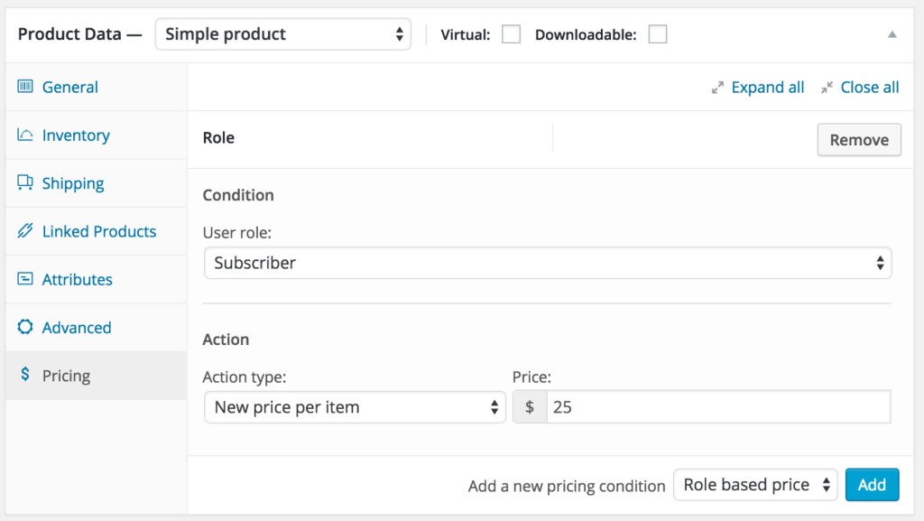 Single Product User Role Pricing