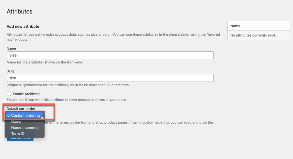 global product attributes settings page custom ordering